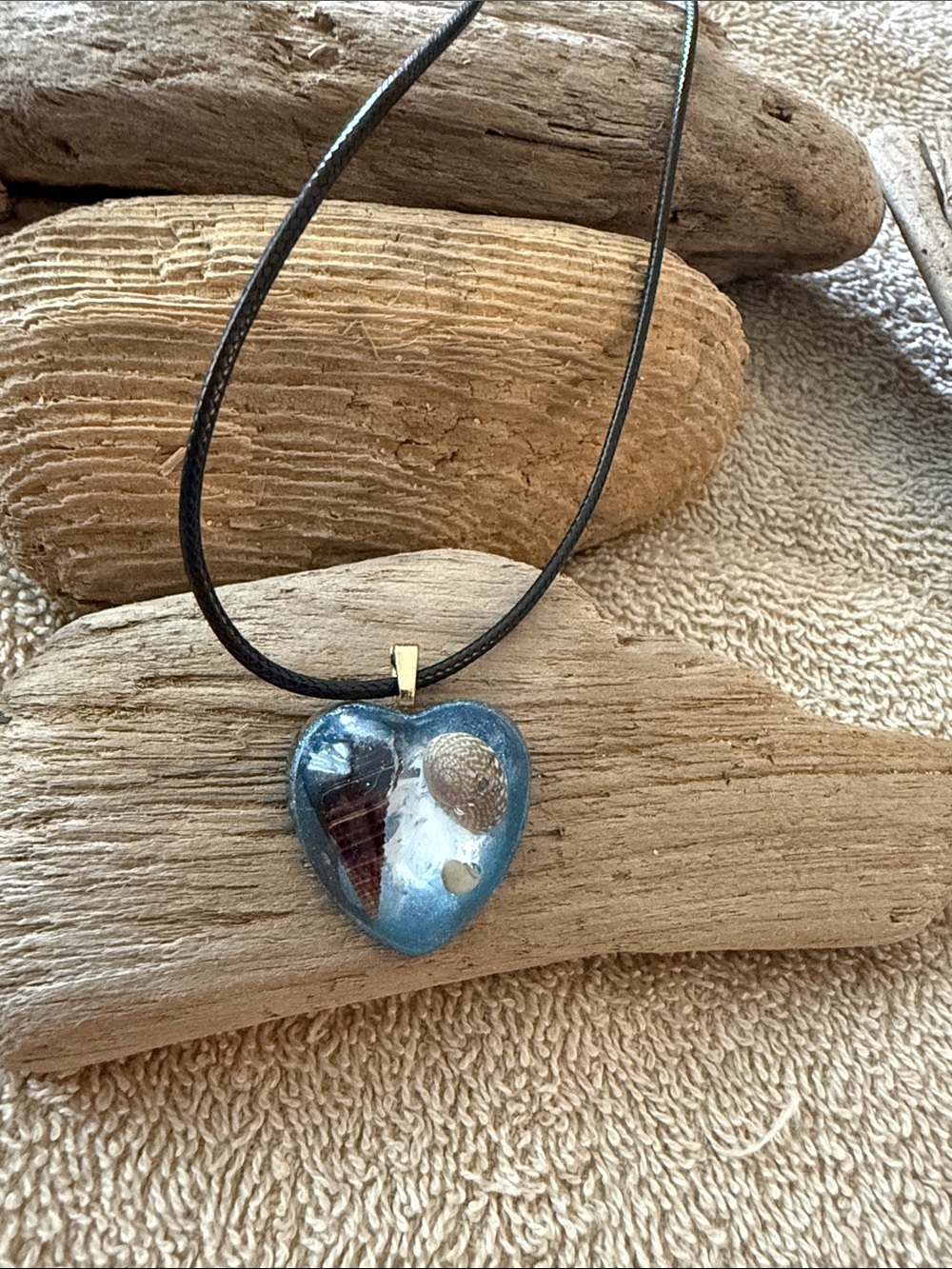 Hand Crafted Blue Heart Pendant Necklace with Gold Bail